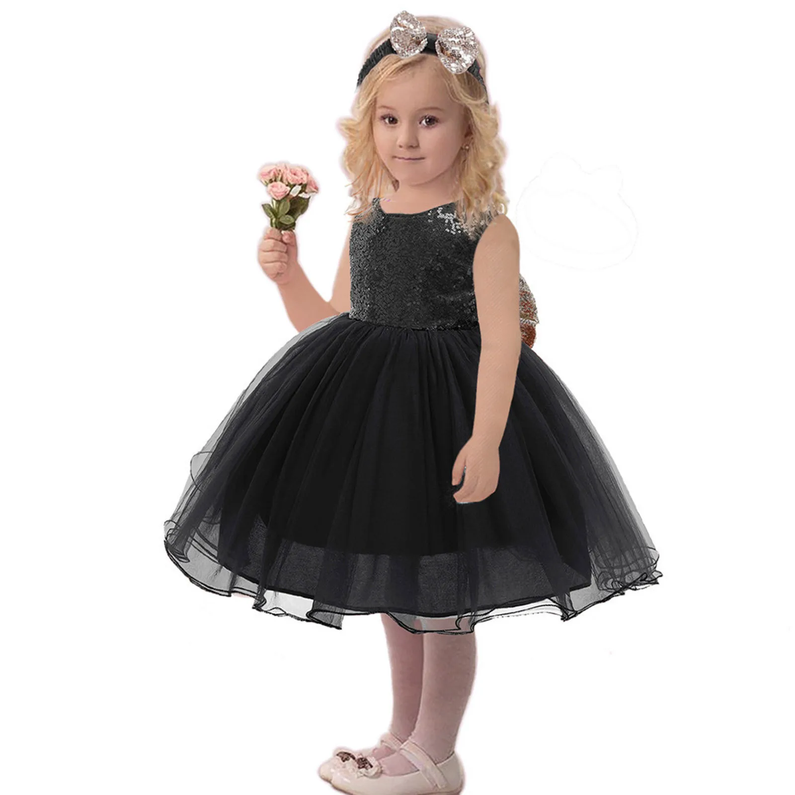

Baby Girls Sequins Bowknot Dresses Lace Pageant Party Wedding Tutu Gown Hairband