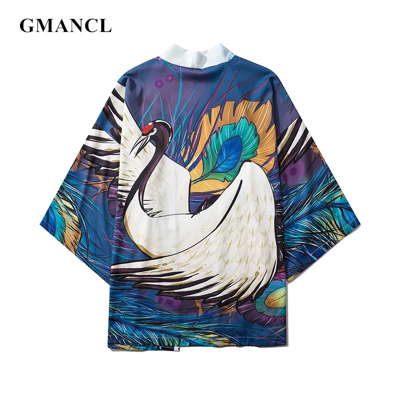 Летняя модная мужская белая куртка кимоно с принтом журавлей и коротким рукавом