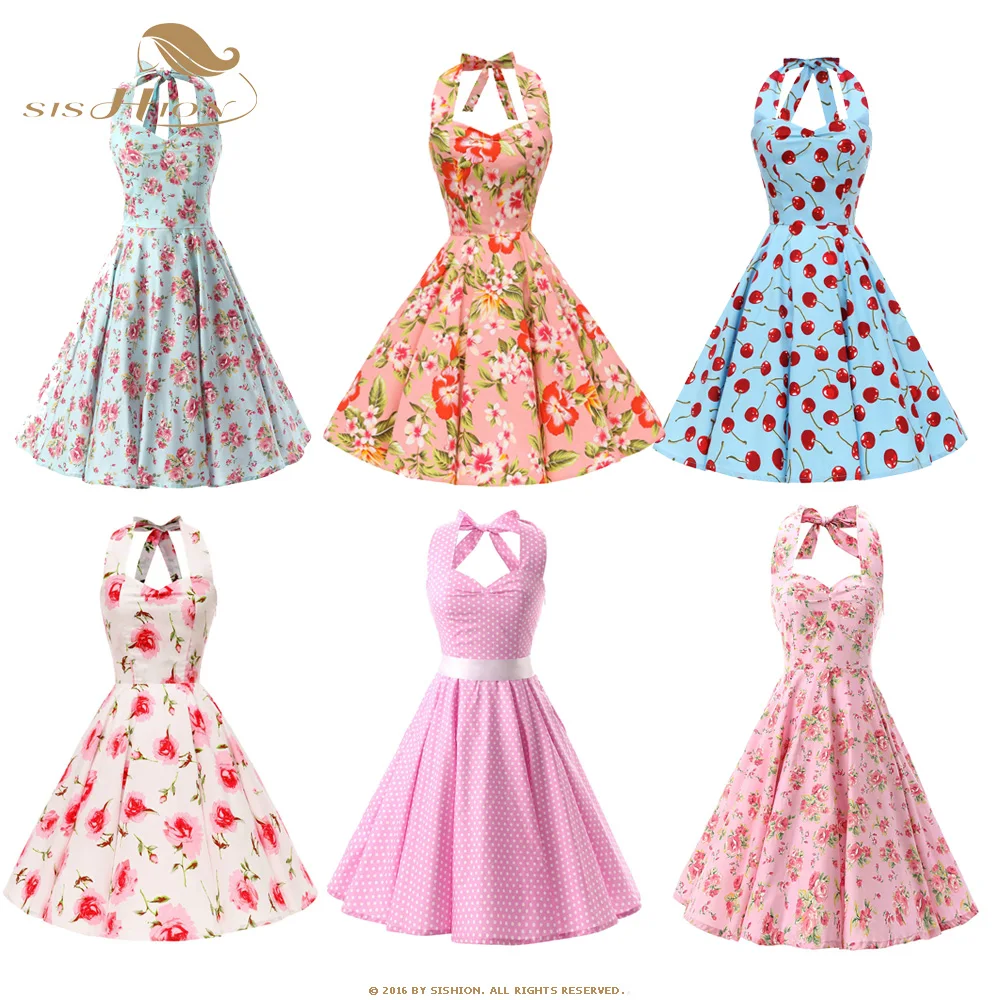 Женское винтажное платье в горошек SISHION летнее с лямкой на шее и широкой юбкой