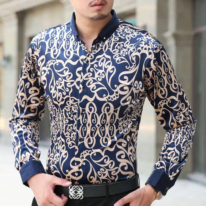 

Рубашка мужская с длинным рукавом, модная Роскошная велюровая удобная мягкая блузка в европейском стиле с 3D принтом, весна