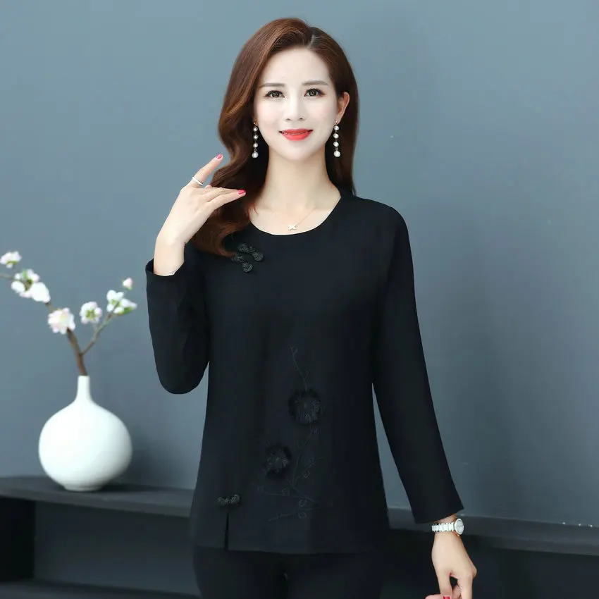 Oriental Style Women Spring Retro Blouses Green Black Red Floral Embroidery Tunic Ethnic Long Sleeve O-Neck Vintage Button Top | Женская