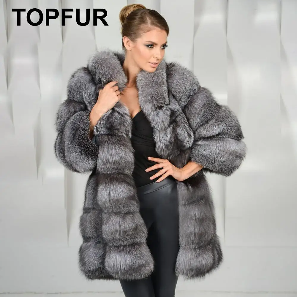 Женское пальто с натуральным мехом лисы TOPFUR зимнее круглым вырезом и рукавами