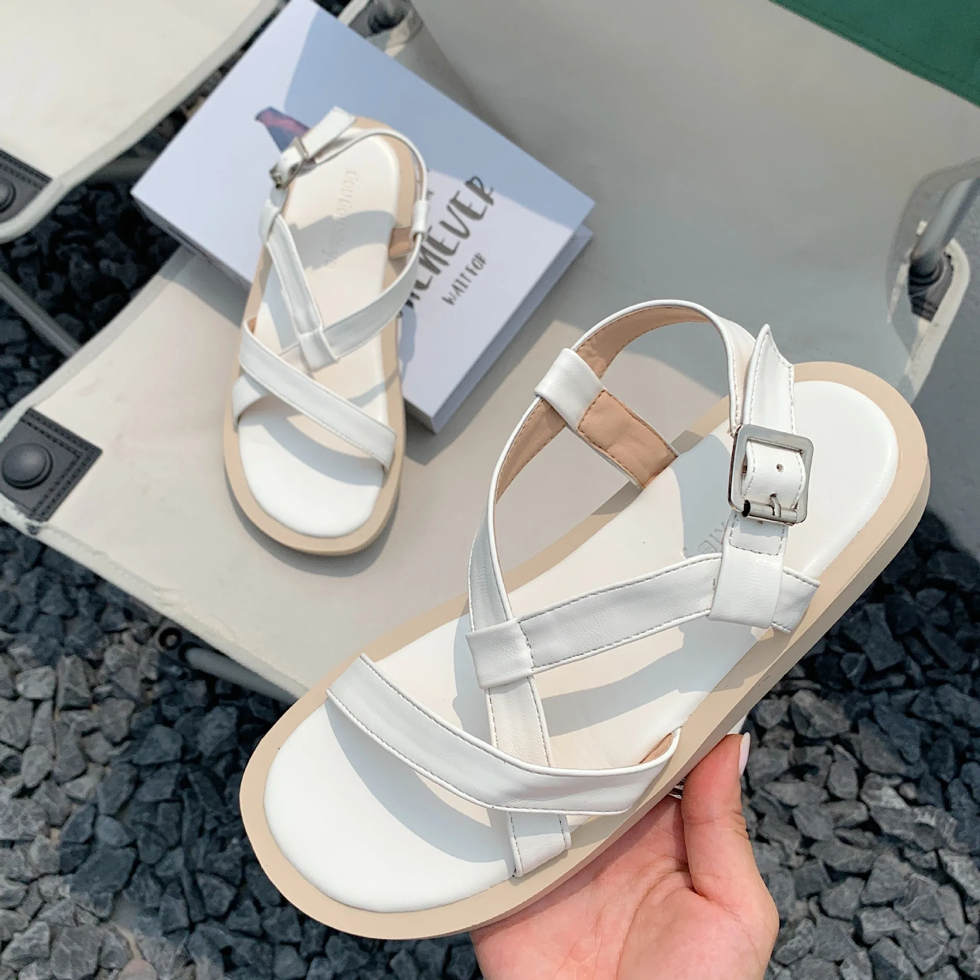

Beige Heeled Sandals Clear Shoes 2021 Summer Cross Ankle Strap Black Gladiator Flat Fashion Comfort Low New Girls Fretwork Rubbe