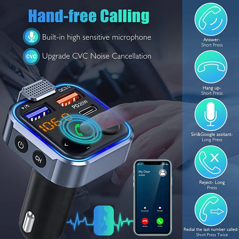 FM Transmitter In-Car Adapter Wireless Bluetooth 5.0 Radio Car Kit Type-C PD 20W+ QC3.0 Fast USB Charger | Электроника