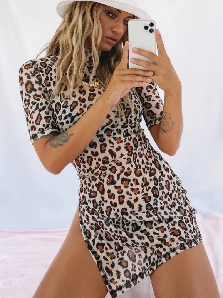 

WJFZQM Mesh See Through Leopard print 2021 Women Party Dress Fashion Half Sleeve Bodycon Clubwear Sexy Side Slit Mini Dress New