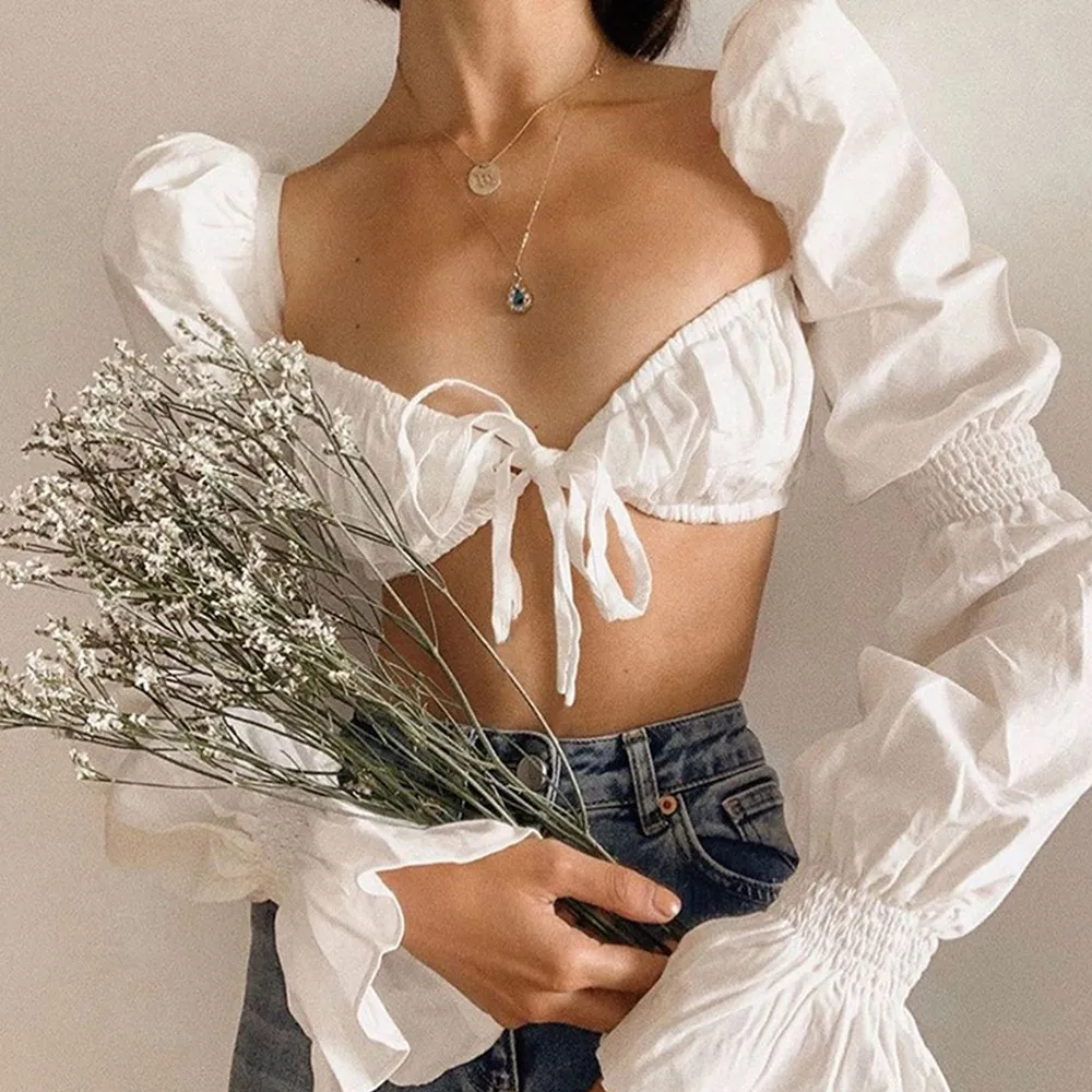 

White French Vintage Sexy Elegant Puff Sleeve Shirring Blouse Bow Backless Crop Tops Shirt Sweet Fashion Tee