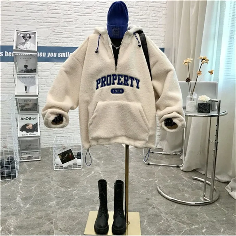 

Women's Letter Pattern Oversized Zipper Sweatshirts Hoodies Tops 2020 Winter Warm Long Sleeve Loose Pullovers Casual Clothes