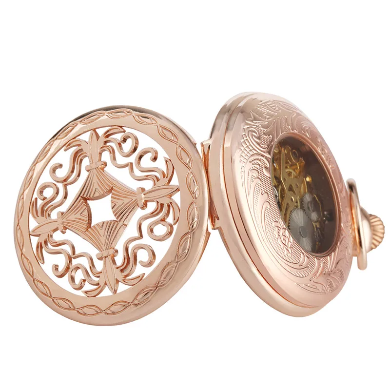 Retro Rose Gold Hollow Out Case Men Women Hand-winding Mechanical Pocket Watch Roman Numberal Skeleton Clock Pendant Chain Gift