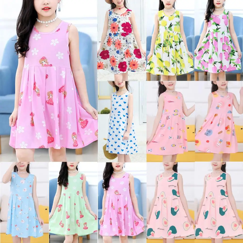 

Flower Girl Dresses Cute Knee-Length Pleated Children Summer Round Neck Sleeveless Cotton Breathable Casual Loose