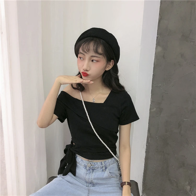 

new summer high quality skew collar sweet Korean style short T-Shirts Women's Clothing fashion brand crop tops vetement femme