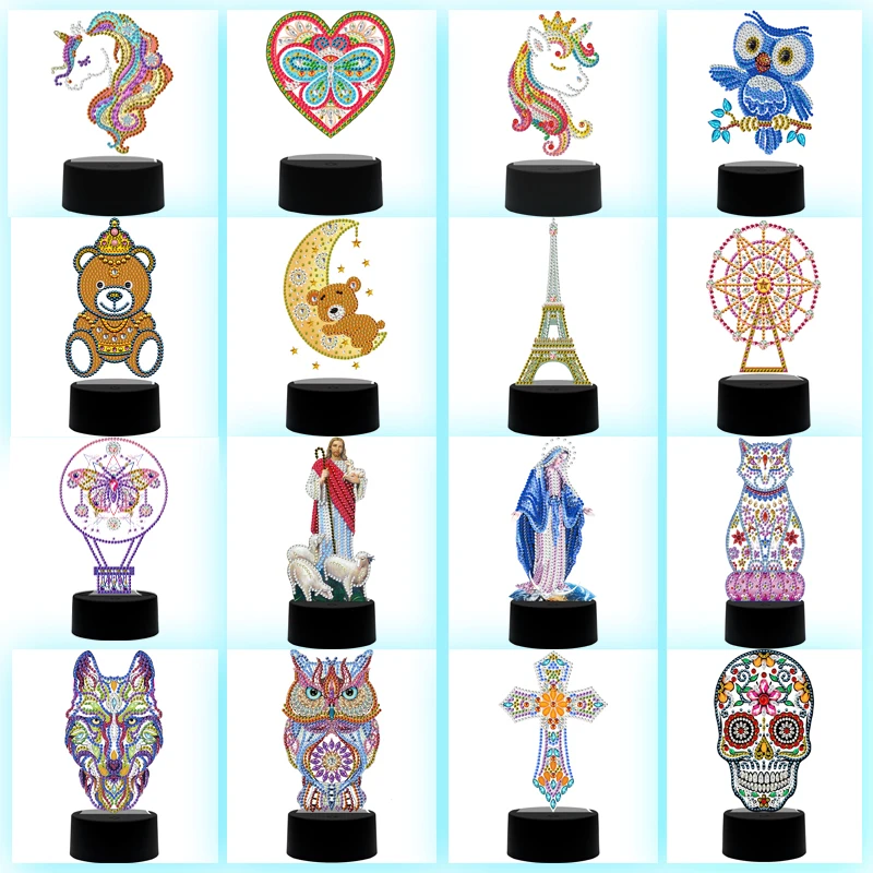 Almohadilla de luz Led de 7 colores para decoración del hogar, almohadilla para pintura acrílica de diamantes, búho, unicornio, mosaico de diamantes de imitación, lámpara de luz nocturna de Animal