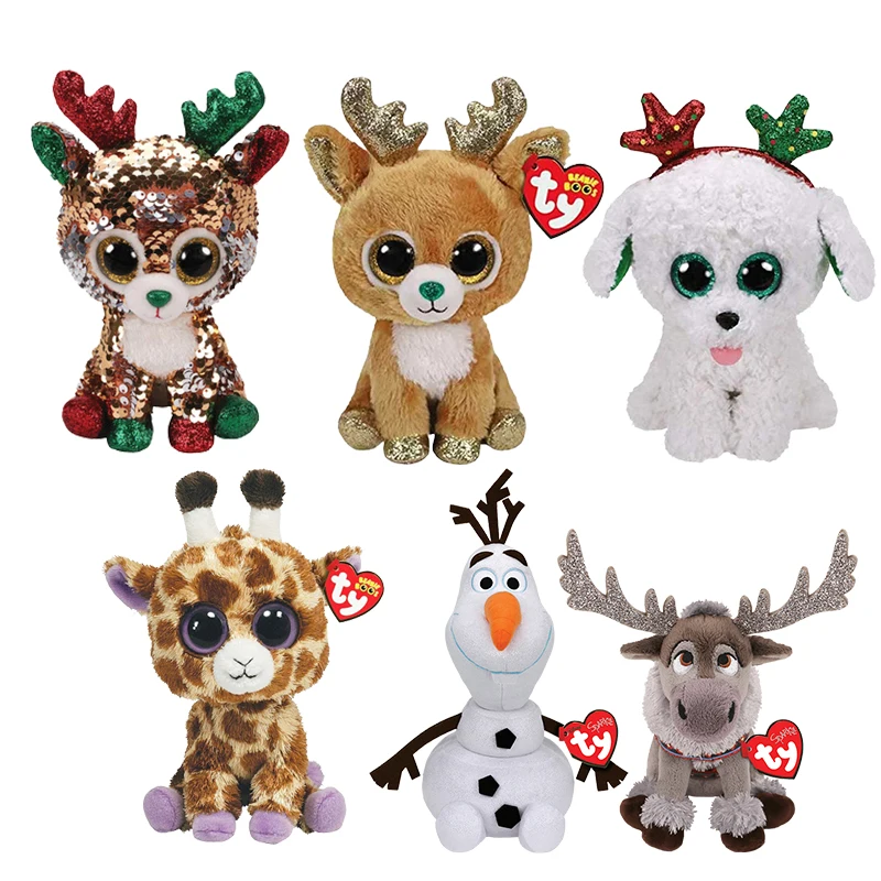 

15CM Ty Beanie Boos Big Glitter Eyes Christmas Golden Horn Deer Sven Snow Plush Stuffed Animal Super Soft Christmas Gift