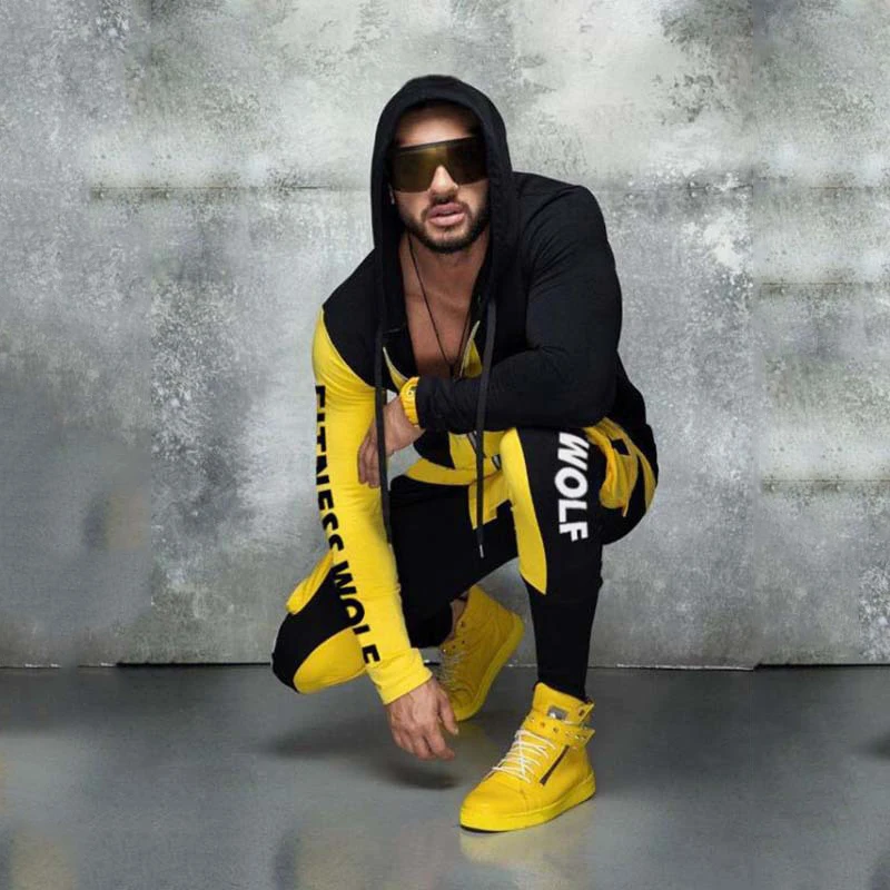 

Autumn and winter 2021 new sports leisure suit men's fitness Fitness wear trend color contrast pants hooded zipper coat
