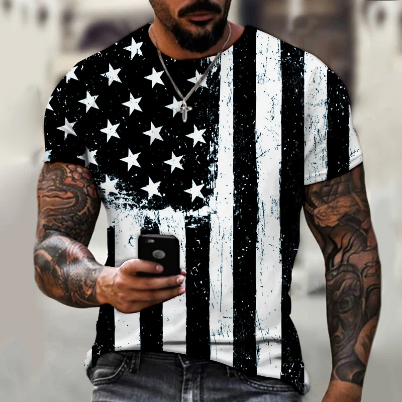 

Summer American Flag Print Men's Casual Fashion T-shirt Round Neck Loose Oversize Muscle Streetwear BYCK Brand Men Clothing 6XL
