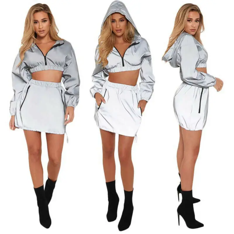 

NEW Autumn Sexy Women Bodycon Reflective Zip Crop Top Skirt Night Reflective Women Solid Color Casual Streetwear Joggers Set