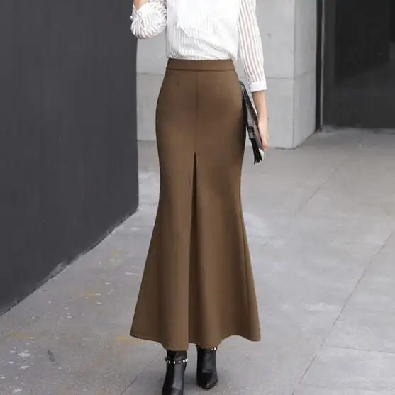 New Ladies Elegant Winter Maxi Skirts Women Woolen Long Skirt High Waist Mermaid Split Black Gray OL Pencil female DF921 | Женская