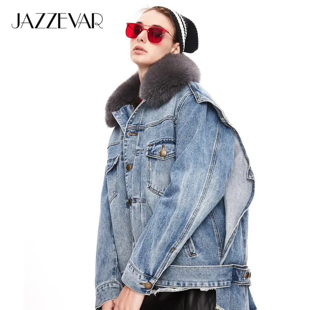 JAZZEVAR 2019 Зима новое поступление джинсовая куртка женская с меховым воротником