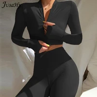 jusahy solid sportywear 2 piece yoga set women zipper skinny crop top leggings casual outfit fitness workout gym clothing female