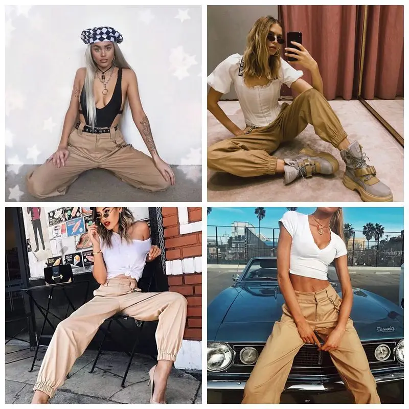 

Sports Pantspure Color Harem Pants Belt Chain Wide Leg Pants Joggers Casual Running Long Pants Workout Trousers Women 2021