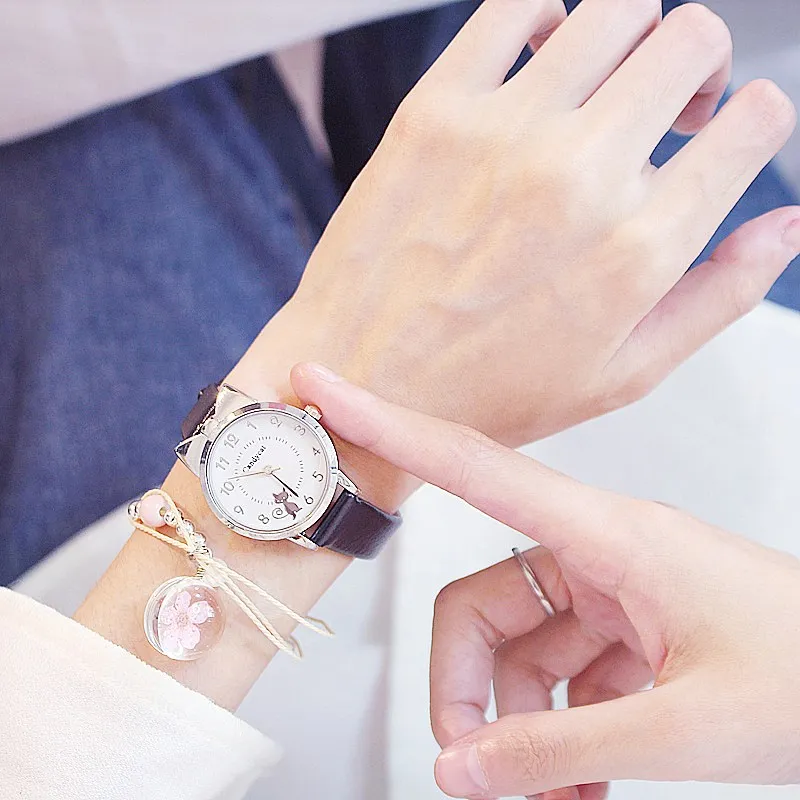 

2021 Fashion Students Children Pink Watch Round Analog Clock Wristwatch Girls Leather Child Hours Black Cat Quartz Wrist Watches
