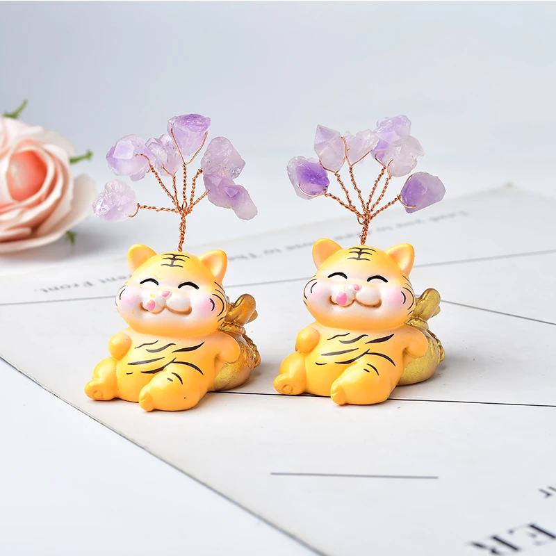 

1PC Natural Amethyst Loveliness Tiger Animal Hand-made Lucky Tree Stone Mineral Ornaments Home Decoration Healing Stone Gift