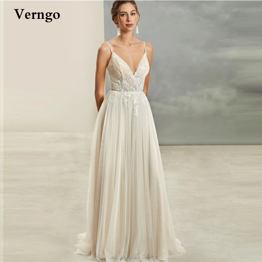 

Verngo A Line Boho Wedding Dresses Spaghetti Straps Lace Applique Tulle Country Wedding Gowns Plus Size Backless Robe de mariage