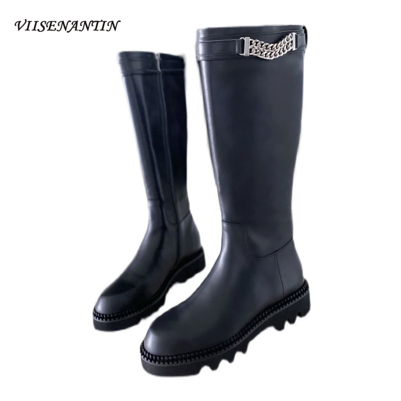 

New Chain Handsome High Tube Low-heel Knight Boots 2021 Trend Genuine Leather Flat Casual Punk Martin Boots Knee-length Boots