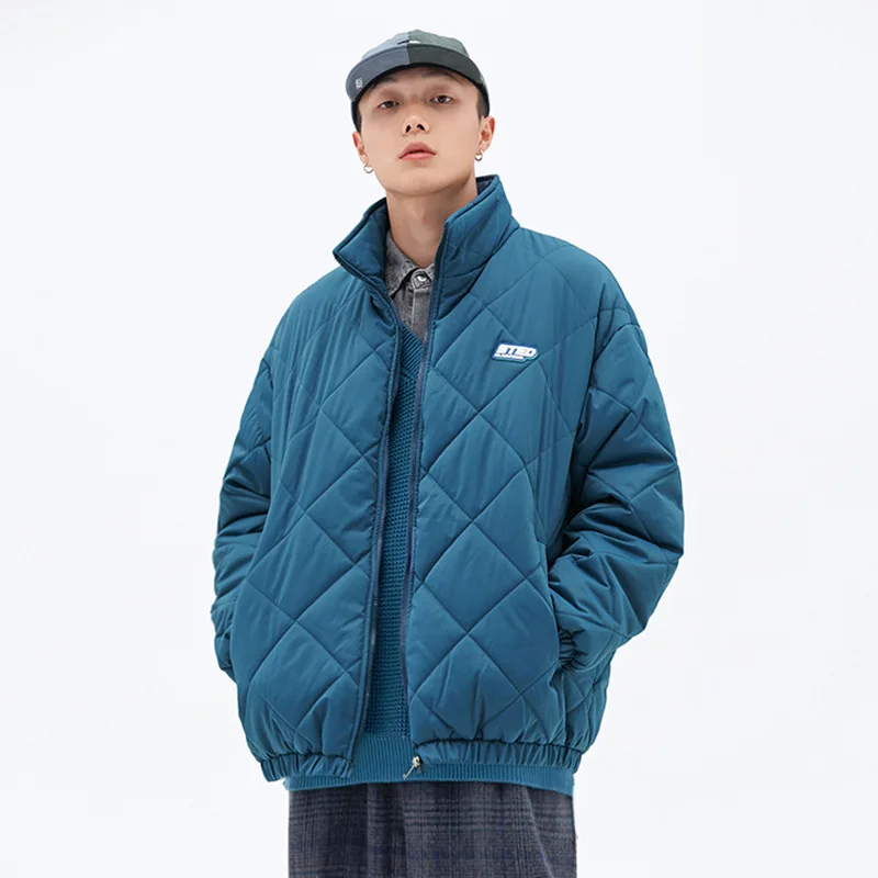 

Мужская зимняя куртка с воротником-стойкой, хлопковая утепленная парка в Корейском стиле с ромбовидной сеткой, Мужская свободная пуховая к...