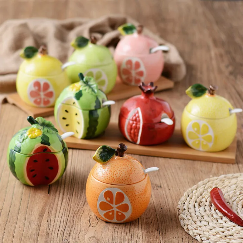 

3D With Lid Creative Ceramic Pot Fruit Pattern Sugar Cans Spoon Olive Oil Tank Kitchen Seasoning Tools Solid Wood Tray Tea Can