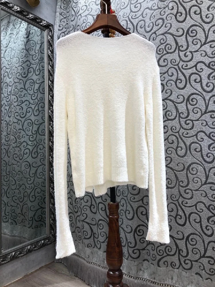 

New Korean Fashion Sweaters 2021 Spring Women V-Neck Button Deco Long Sleeve Casual White Pullovers Ladies Soft Knitwear Tops