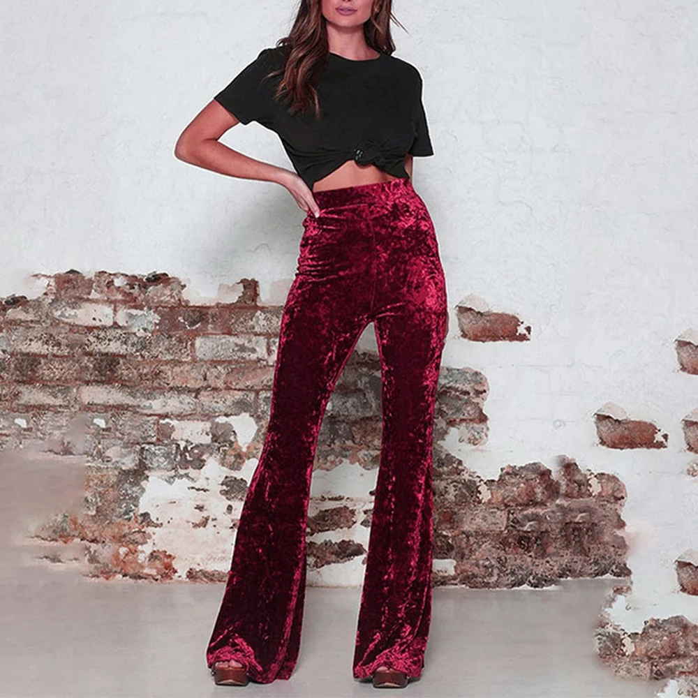 

2021 Элегантные Бархатные однотонные расклешенные брюки из спандекса весна/осень нормкор/минималистичные женские брюки из полиэстера с высо...