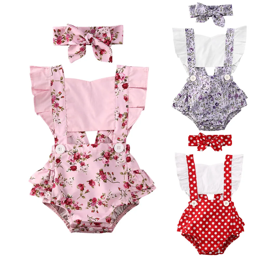 

0-24M Newborn Baby Girl Flower Dot Print Ruffle Sleeveless Romper Backless Bownot Jumpsuit Headband 2pcs Outfit Summer Clothing