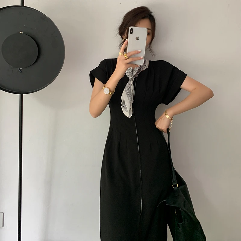 

Women Work Office Lady Summer Dress Solid White Black Front Zipper Retro Elegant Business Workwear Fashion Vestidos High Quality
