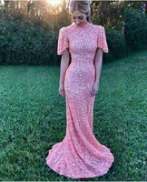 elegant pink sequins evening dress with short sleeve high neck sexy mermaid long women prom gowns party dresses for lady wear