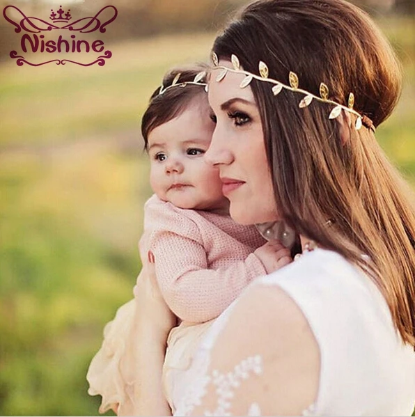 

Nishine 1set New Mom and Me Gold Silver Leaf Headband Set For Hair Accessories Peace Olive Branch Cute Leaves Hairband