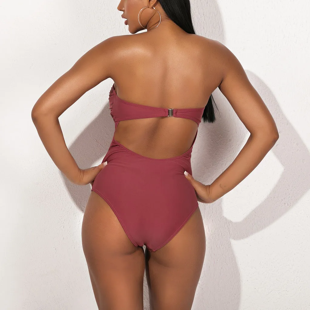 Новинка 2020 Цельный купальник Однотонный женский купальный костюм бандо без