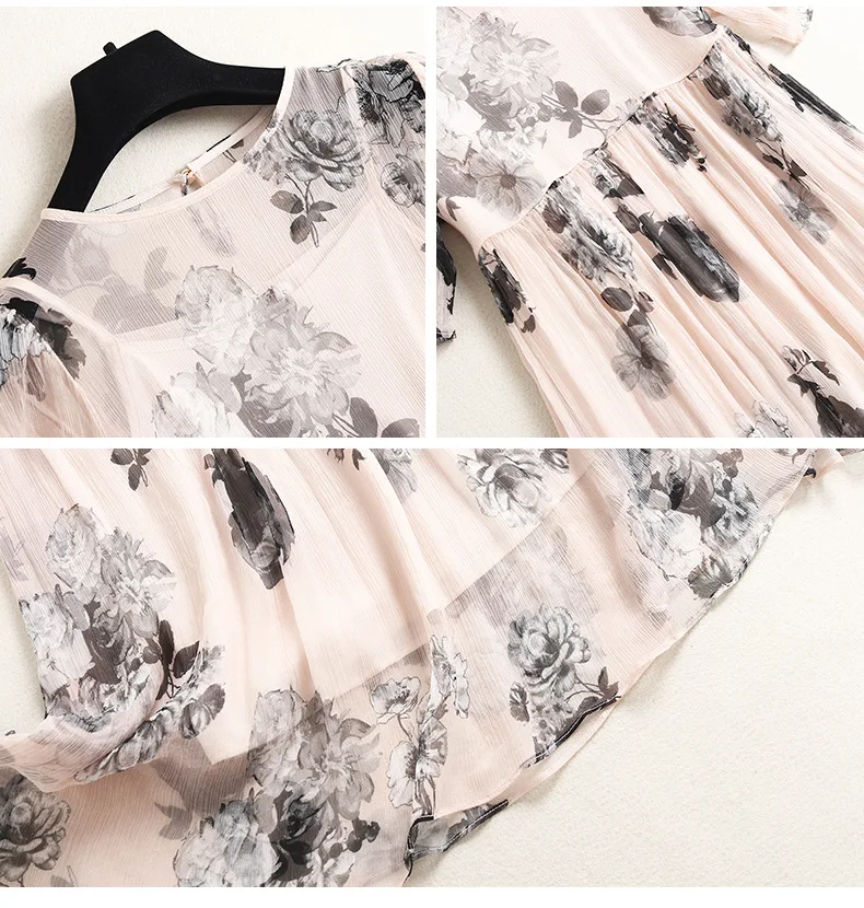 

100% Natural Silk Women's Dresses O Neck Short Sleeves Printed Fashion Summer Holiday Dress