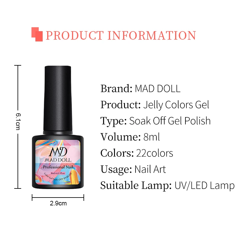 

MAD DOLL 8ml Jelly Gel Nail Polish Bright Pink Matte Nail Polish Soak Off Crystal Opal UV LED Gel Varnish Nail Art