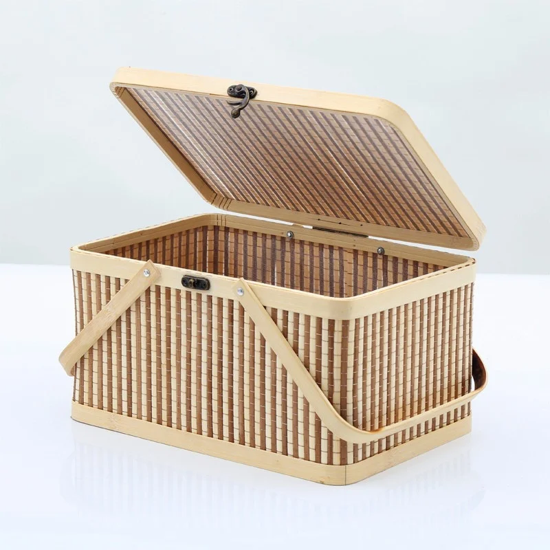 

Square lock bamboo basket cannot be folded Dry goods Egg Fruit Basket Portable gift storage basket Hand Bamboo gift box