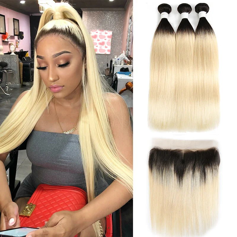 

613 Ombre Blonde Straight Bundles With Frontal 13x4 SOKU Pre Plucked Brazilian Remy Haman Hair Weave Bundles With Lace Closure