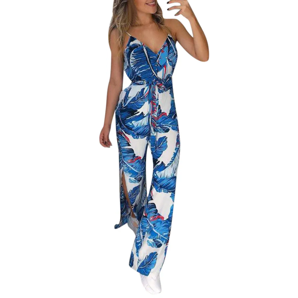 Модный женский комбинезон с принтом листьев Слинг Пояс разрезом брюки