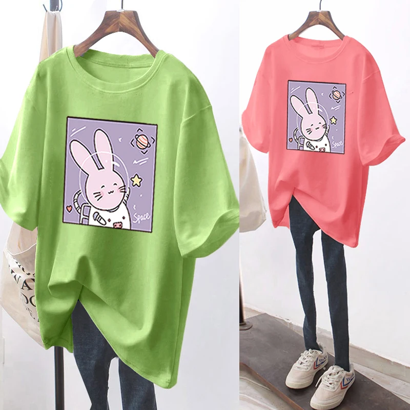 

Cute Rabbit Cartoon Graphic Top Tees Female Simple Pink White T Shirt Women Simple Loose 2XL Plus Size Summer Clothing Ropa Moda