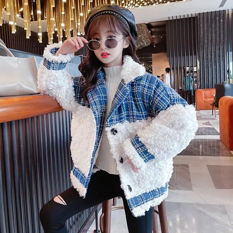 

Куртка для девочек-подростков, Осень-зима 2021, шерстяное пальто с винтажными пуговицами, утепленное, в клетку, с пэчворком, повседневная верх...