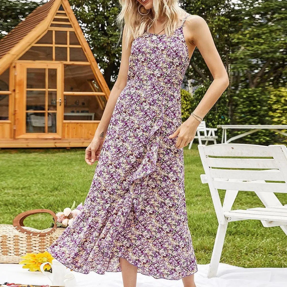 

Dress 2021 Bohemian V Neck Purple Floral Print BOHO Long Dress Summer Holiday Woman Spaghetti Strap Dresses Vestidos de mujer