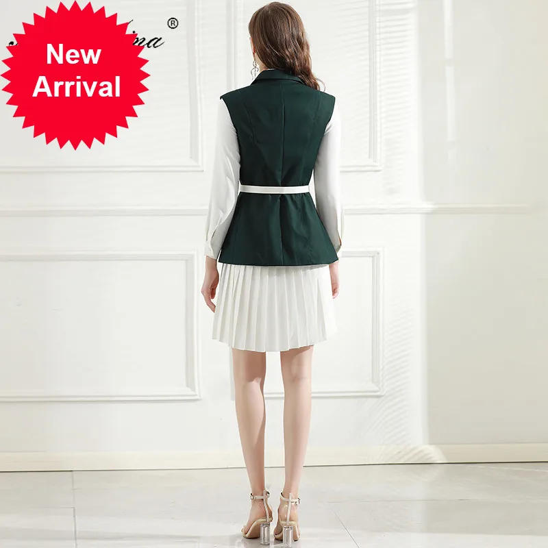 

Fashion Designer Suit Spring Women's Long sleeve Shirt dress+Double breasted lace-up Dark green Vest Two-piece suit