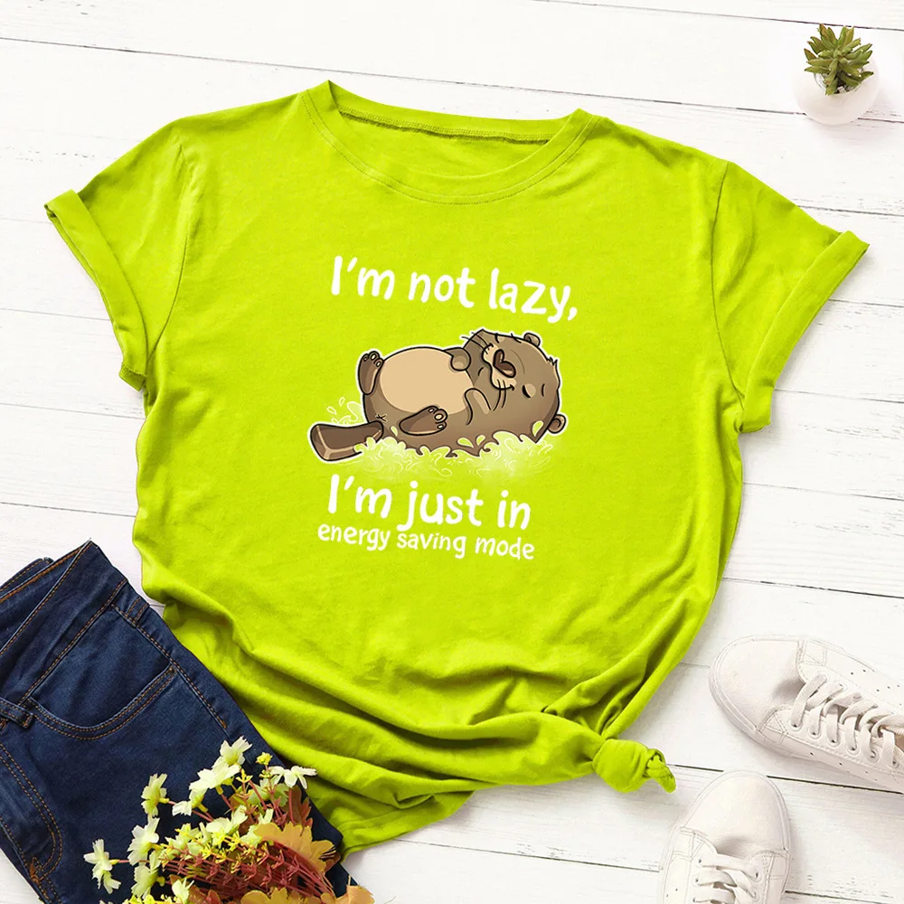 neon green SINGRAIN, S-5XL размера плюс, футболка с изображением медведя, забавная Футболка с принтом ленивого кота, хлопок, женские топы с буквенным принтом, милые Мультяшные животные, футболка - Цвет: neon green