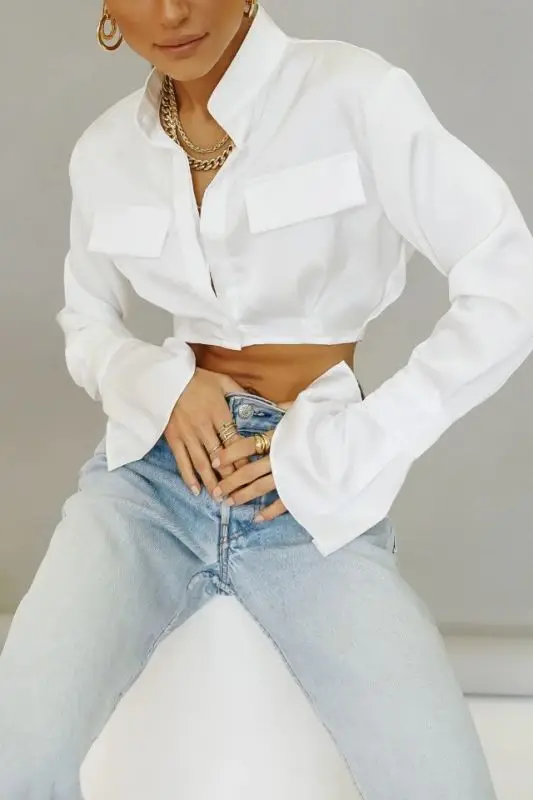 

Big pocket personality cuff stand collar short plain color shirt