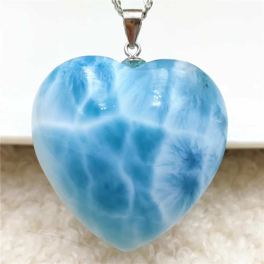 

Genuine Natural Blue Larimar Heart Big Pendant 31x31x14mm Women Men Water Pattern Crystal Larimar Necklace From Dominia AAAAA