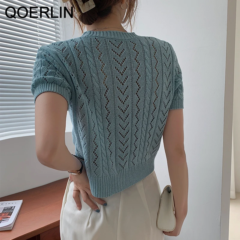 

QOERLIN Chic V-neck Knitted Cropped Tops T-Shirts Girls Pink Single Breasted Hollow Out Women Summer Cardigans Short Sleeve Tees