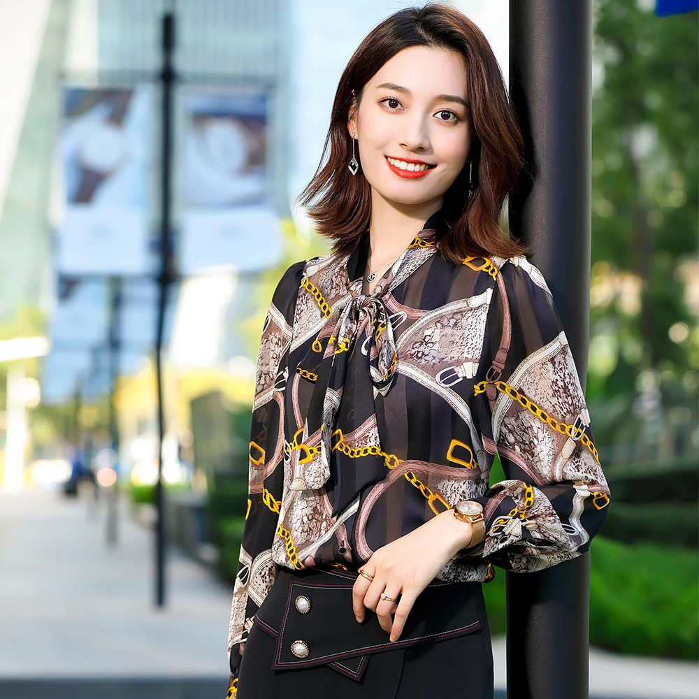 

High Quality Black Green Yellow Spring Ladies Women Blouses Long Sleeve Casual Bow Collar Print Shirt Tops